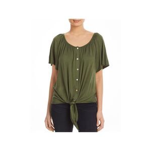 K & C Womens Green Stretch Tie Button Down Short Sleeve Scoop Neck Blouse L